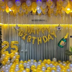 Metallic Silver & Metallic Gold Balloons Decoration With Birthday Foil Balloons | Star & Bottle Foil Balloons