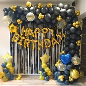 Black , Golden Chrome & Golden Confetti Balloons Decoration With Fringe Curtain | Birthday Foil Balloons | Star Foil Balloons